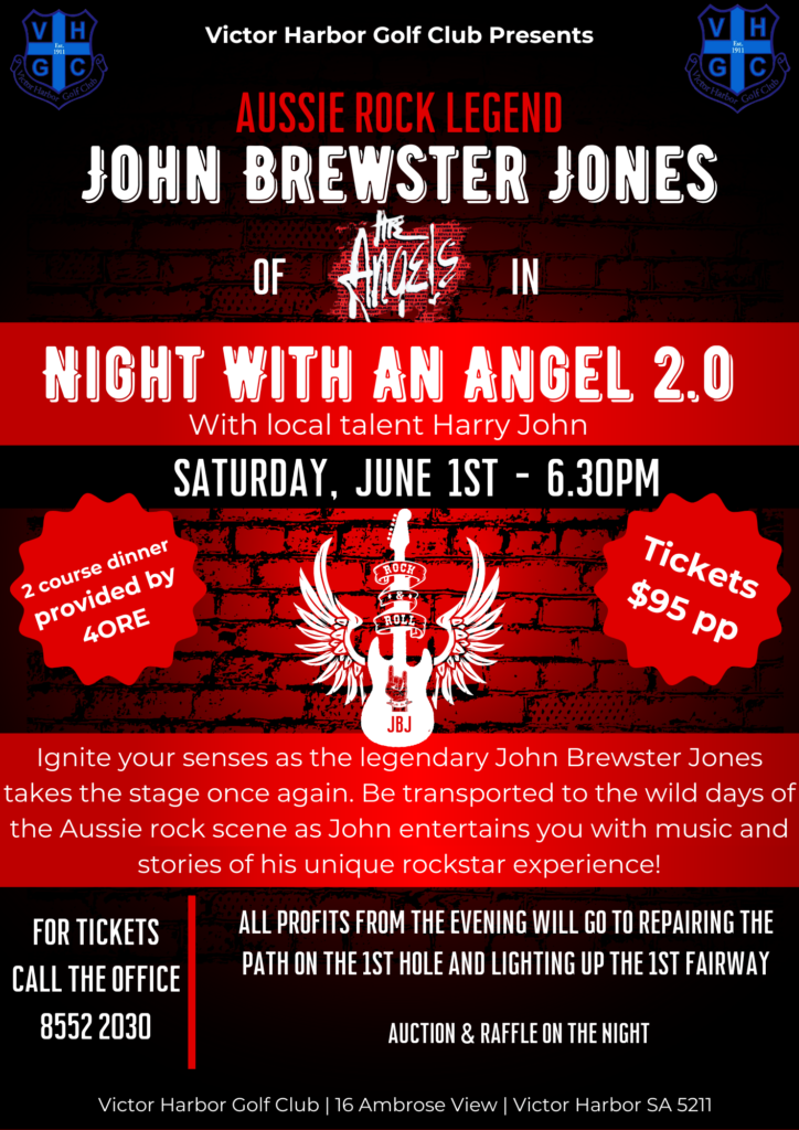 Ad for fundraiser 'Night With An Angel 2.0' with John Brewster Jones of The Angels.